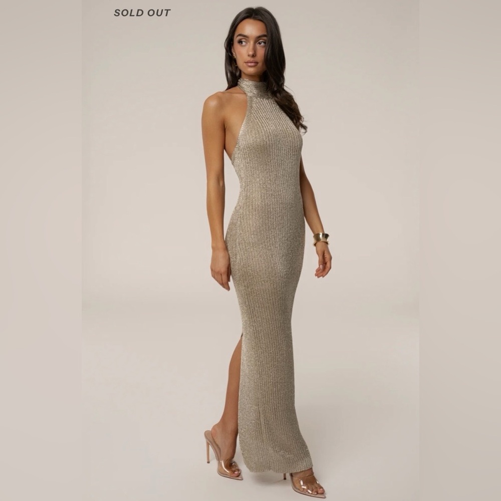 JLUXLABEL Metallic Gold Backless Halter Knit Maxi Dress